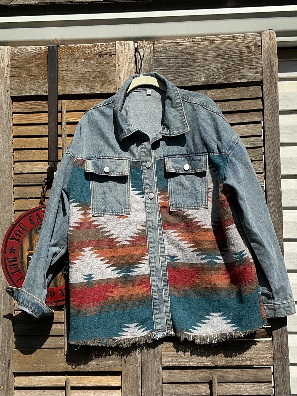 Denim & Aztec Pattern Women's Jacket - Teal Multi